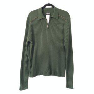 Vintage Versace Green Ribbed Quarter-Zip Knit Sweater Size S Brown Trim Wool